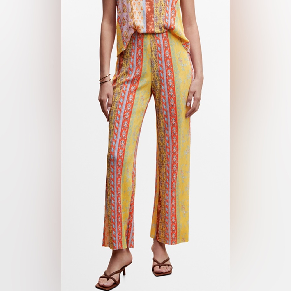 Mango Bohemian Printed Plisse Wide Leg Pants